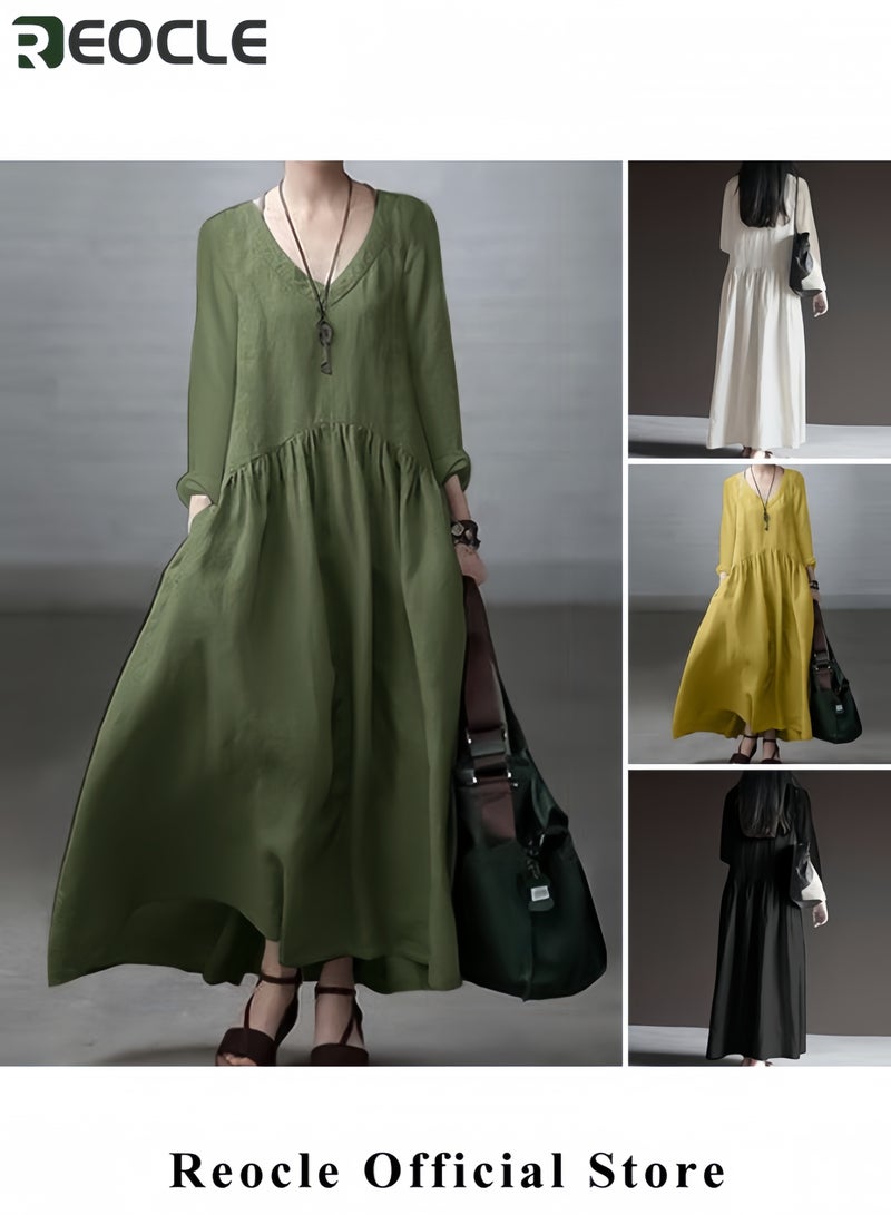 REOCLE Women's Spring and Autumn Fashionable Long Sleeve Elegant Tank Top Women's Casual Solid Color Loose Long Dress Women's Long Kaftan Bohemian Dress Plus Size Robe  - Image 4
