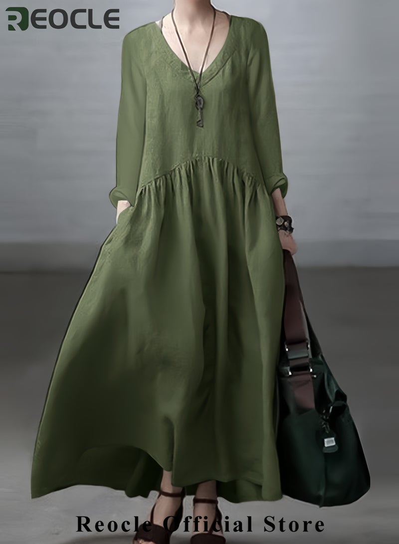 REOCLE Women's Spring and Autumn Fashionable Long Sleeve Elegant Tank Top Women's Casual Solid Color Loose Long Dress Women's Long Kaftan Bohemian Dress Plus Size Robe  - Image 3