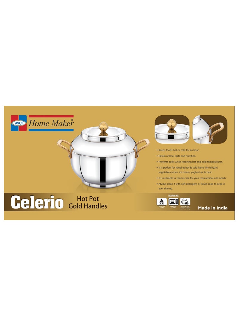 Homemaker Celerio Hotpot 1500ml Capacity - Air Tight Lid - High Quality Stainless Steel - Gold Lids & Silver - Image 3
