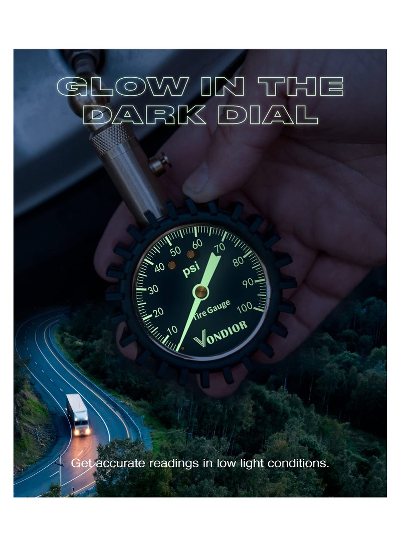 SYOSI Tire Pressure Gauge (0-100 PSI), Certified ANSI High Air Pressure Gauge Vehicle Tire Pressure Checker with Large 2 Inch Glow Dial Compact Tire Gauge High PSI Tire Gauge for Car and Trucks Tires - Image 4