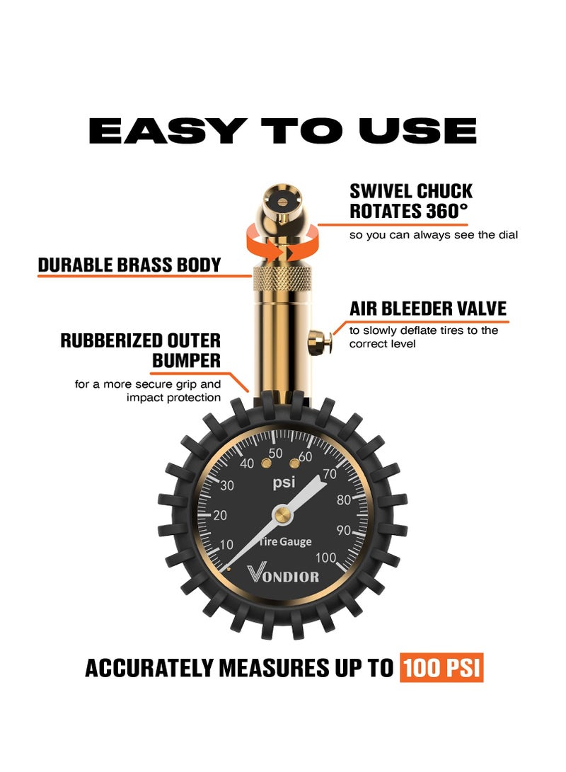 SYOSI Tire Pressure Gauge (0-100 PSI), Certified ANSI High Air Pressure Gauge Vehicle Tire Pressure Checker with Large 2 Inch Glow Dial Compact Tire Gauge High PSI Tire Gauge for Car and Trucks Tires - Image 3