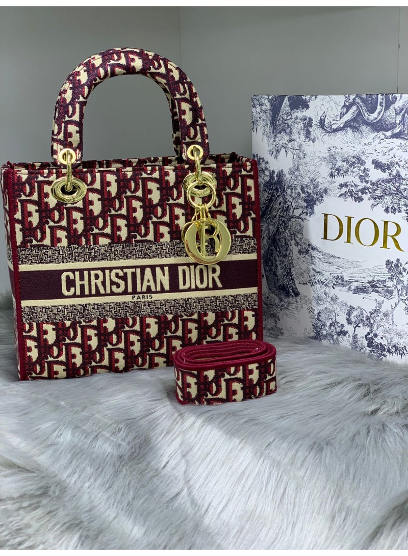 Dior Addict Christian Dior Lady Dior Mini Top Handle Bag Burgundy Oblique Jacquard Canvas with Gold Tone Hardware