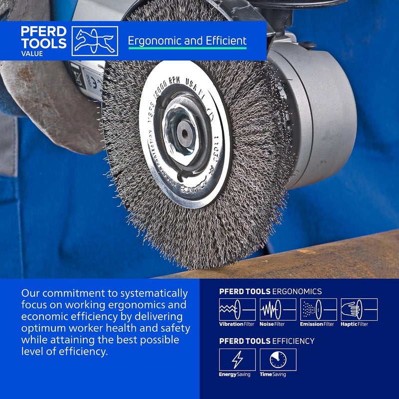 PFERD 82367 Crimped Wheel Brush, Brass Wire, 4" Diameter, 5/8-11 Thread, 0.012 Wire Size, 11/16" Trim Length, 1/2" Face Width, 12500 RPM - Image 2