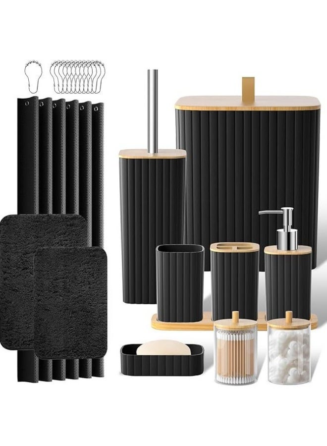 Bukela Bathroom Accessories Set,  Bathroom Set, Bathroom Sets with Shower Curtain and Rugs, Shower Curtain Set with Bathroom Trash Can - Black - 24PC - Image 1