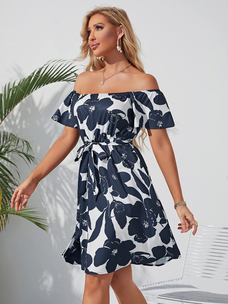 JECEIKA Women Off Shoulder Dress Ruffle Bell Sleeve Summer Wedding Guest Dress 2025 Flattering Hide Tummy Graduation Dress, Navy Blue Floral, Large JC236-1-L - Image 5