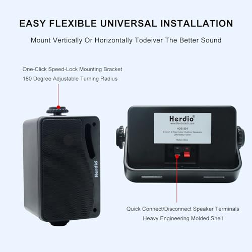 Herdio 3.5 Inch Passive Outdoor Speakers Wired Waterproof, 200W 3 Way Premium Mountable Wall Mount Speakers with Superior Sound, All-Weather Durability, for Patio Marine Boat Garage Indoor(Black Pair) - Image 4