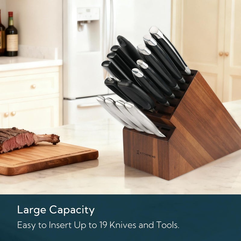 KITCHENDAO 20 Slot Acacia Wood Knife Block without Knives, Universal Knife Holder for Kitchen, Holding Multiple Types of Knives, Countertop Butcher Block Knife Stand for Easy Kitchen Storage - Image 2