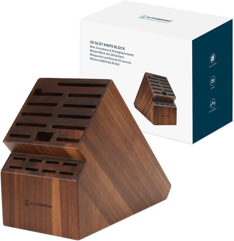 KITCHENDAO 20 Slot Acacia Wood Knife Block without Knives, Universal Knife Holder for Kitchen, Holding Multiple Types of Knives, Countertop Butcher Block Knife Stand for Easy Kitchen Storage - Image 1