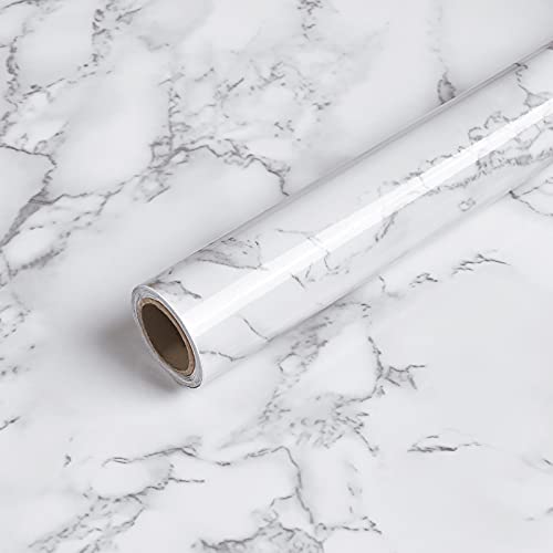 Caltero Marble Contact Paper 15.7" x 78.7" White Grey Marble Wallpaper Peel and Stick Glossy Marble Contact Paper Self Adhesive Contact Paper for Countertop Kitchen Cabinets Bathroom - Image 1