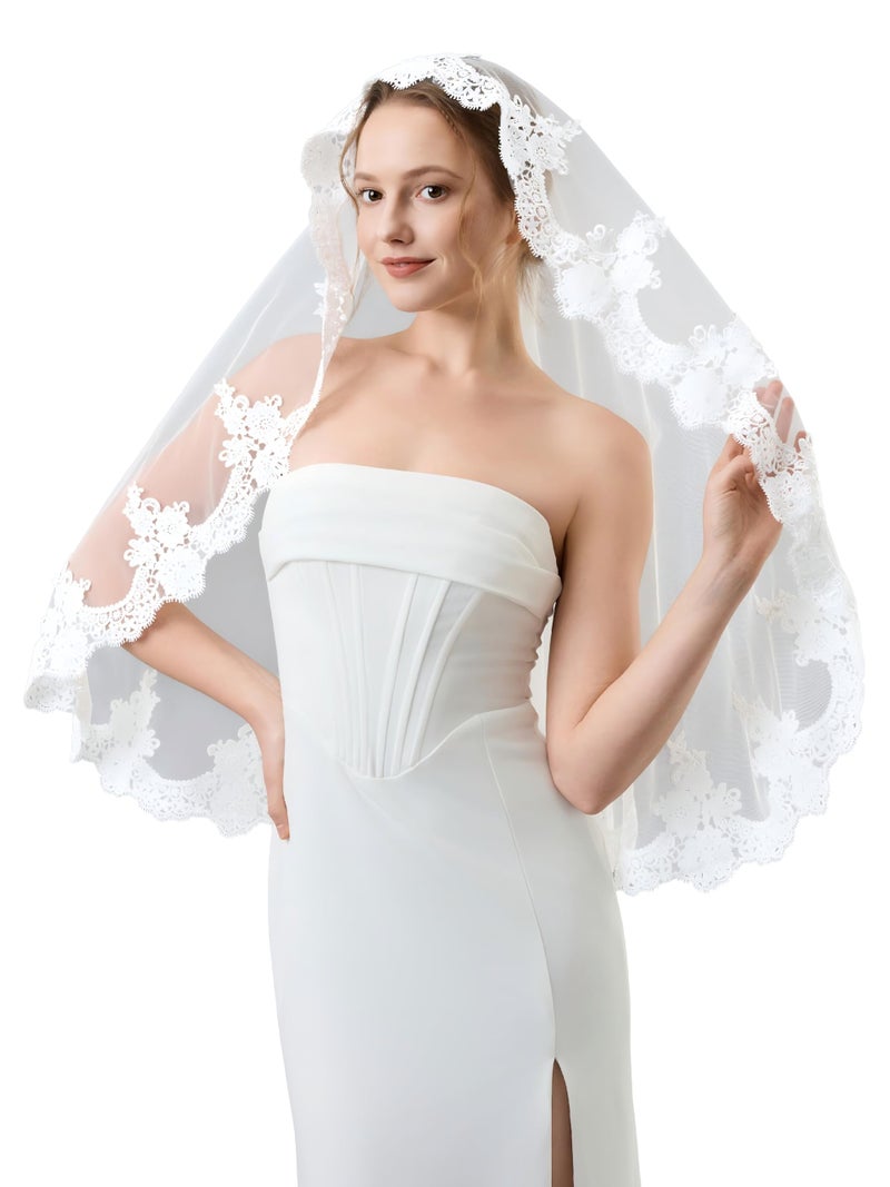 AierHuiOi 1 Tier 39 Inch Bridal Veil Fingertip Length Veils for Women Wedding with Lace Edge, Hand-Sewn Metal Comb, Iovry Wedding Veil - Image 1