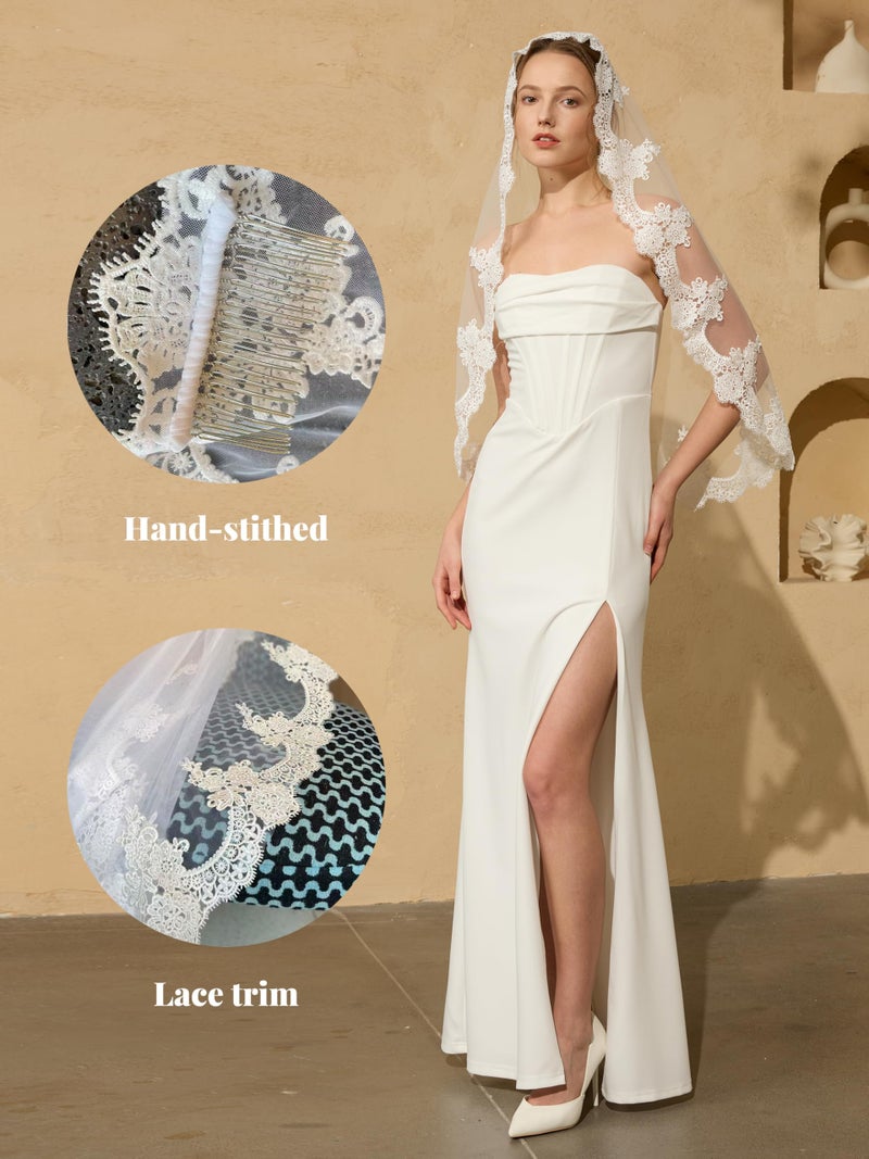 AierHuiOi 1 Tier 39 Inch Bridal Veil Fingertip Length Veils for Women Wedding with Lace Edge, Hand-Sewn Metal Comb, Iovry Wedding Veil - Image 2