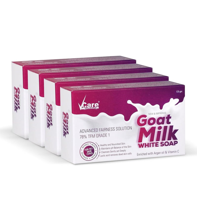 VCare Goat Milk White Soap 125 gm Pack of 4 Enriched with Argan Oil Vitamin CBest soap for skin Hydration Nourishment - Image 1