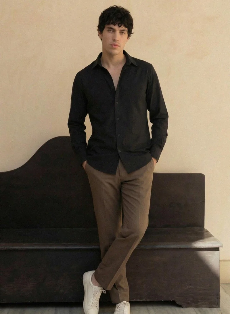 دينيس لينغو Black Viscose Blend Solid Button Down Relaxed Shirt For Men