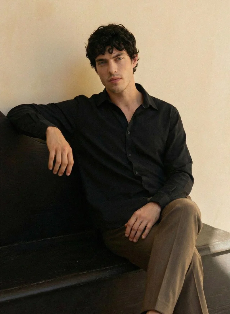 دينيس لينغو Black Viscose Blend Solid Button Down Relaxed Shirt For Men