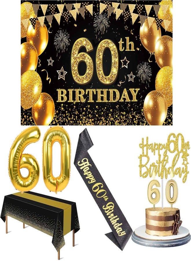 YeohJoy 60th Birthday Decorations Men Women with 60th Birthday Banner, Black and Gold Table Cloth, 60 Number Balloons, 60th Birthday Sash, 60th Birthday Cake Topper and 60th Birthday Candles - Image 1
