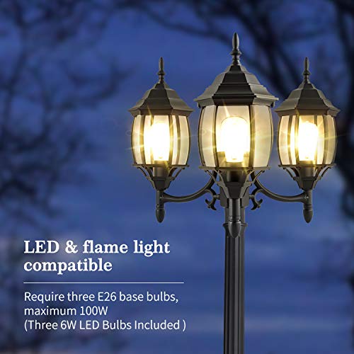 PARTPHONER Outdoor Lamp Post Light 3-Head, Classic Black with Clear Glass Panels, E26 Base Maximum 100W (3 LED Bulbs Included), Waterproof Street Light for Backyard, Garden, Driveway - Image 3