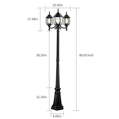 PARTPHONER Outdoor Lamp Post Light 3-Head, Classic Black with Clear Glass Panels, E26 Base Maximum 100W (3 LED Bulbs Included), Waterproof Street Light for Backyard, Garden, Driveway - Image 2