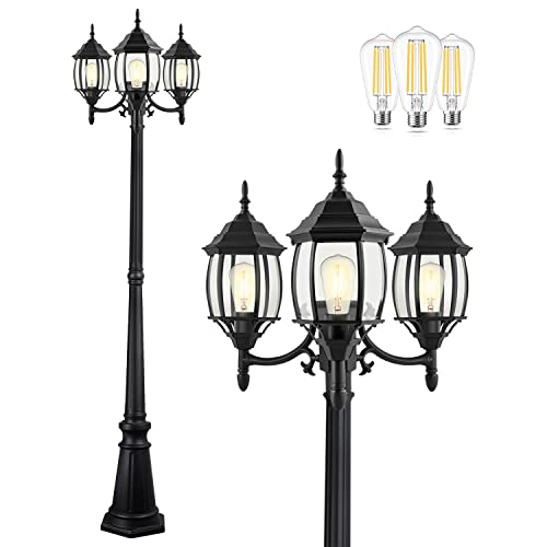 PARTPHONER Outdoor Lamp Post Light 3-Head, Classic Black with Clear Glass Panels, E26 Base Maximum 100W (3 LED Bulbs Included), Waterproof Street Light for Backyard, Garden, Driveway - Image 1