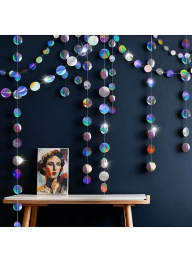 fantasize 4pcs Iridescent Party Garland, Holographic Circular Dot Decorations, Reusable and Easy Hang Shiny Garland String for Birthday, Graduation, Weddings, Photo Booth Backdrop - Image 1