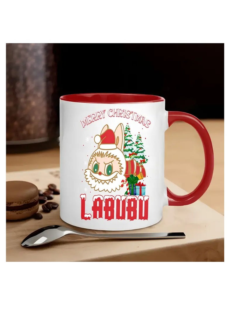 RYN 1pc Labubu Merry Christmas Ceramic Mug, 11oz Double-Sided Cartoon Design Coffee Cup, Novelty Drinkware for All Seasons RED - Image 1