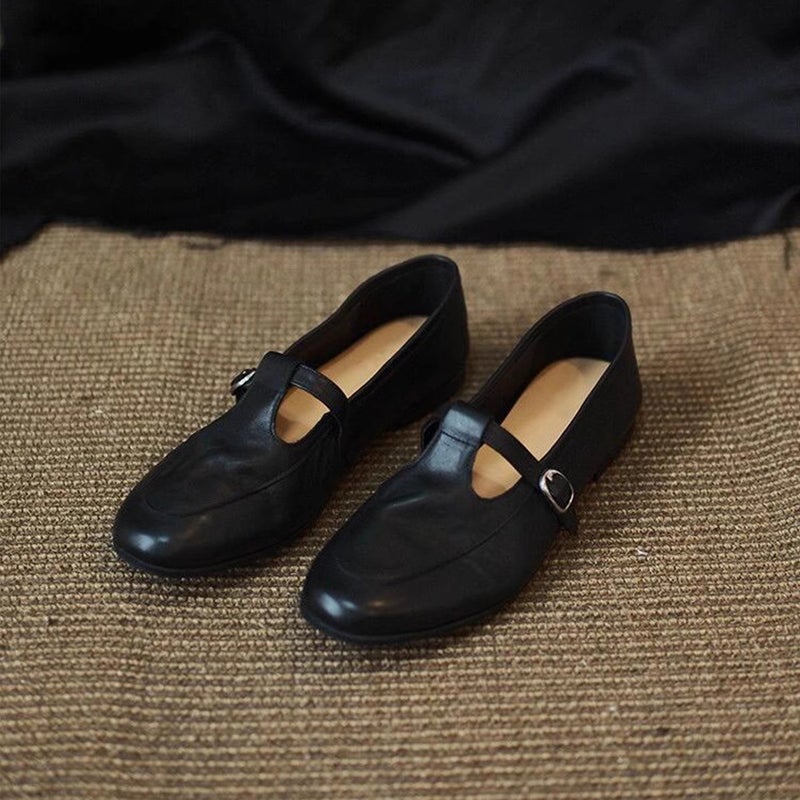 Women's Vintage Loafer Shoes - Sheepskin Lining, Round Toe, T-Strap, Flat Heel - Image 2