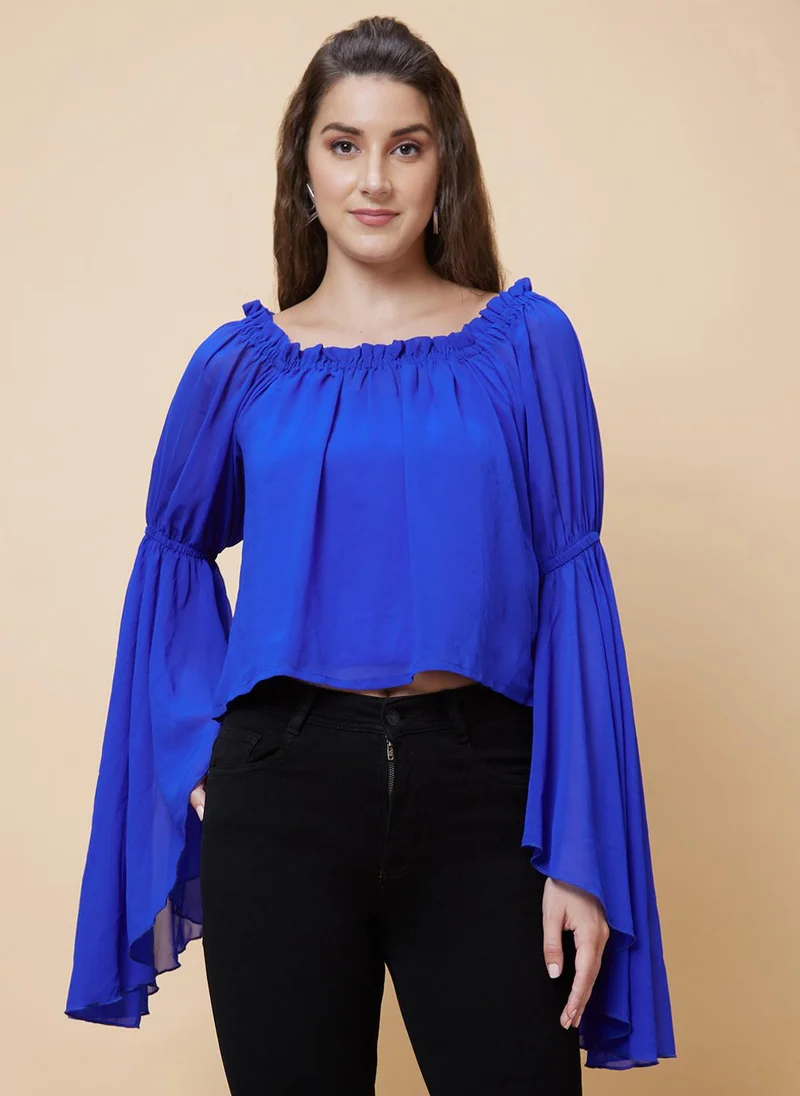 globus Globus Women Bell Sleeves Gathered Square Neck Georgette Top