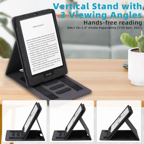 WALNEW Flip Case for 6.8" Kindle Paperwhite (Model No. M2L3EK / M2L4EK), Two Hand Straps and Vertical Multi-Viewing Stand Book Cover with Auto Wake/Sleep, Black - Image 3