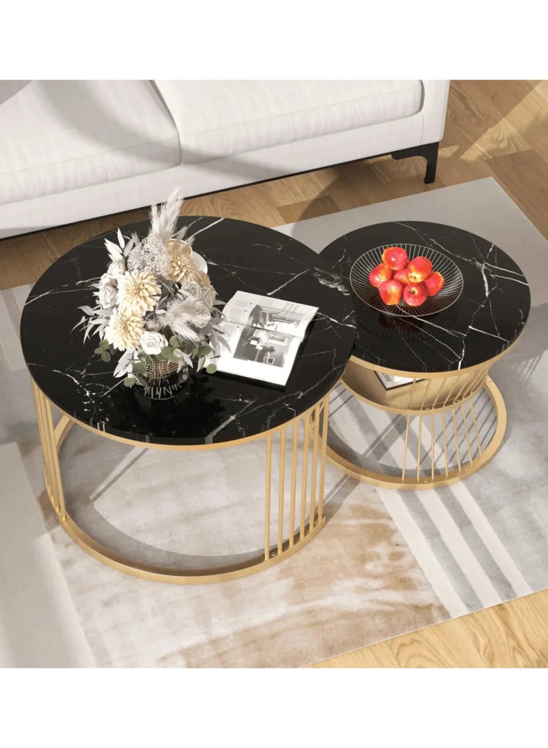 Coffee Table Set of 2 Round Nesting Marble and Wooden Accent Table with Metal Frame Space Saving Center