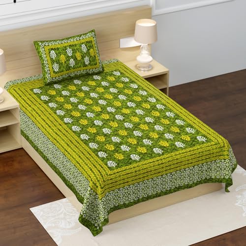 RajasthaniKart® Pure 100% Cotton Single Bed Sheet with 1 Pillow Cover (Bedsheet for Single Bed Cotton, Green Small Booty) - Image 1