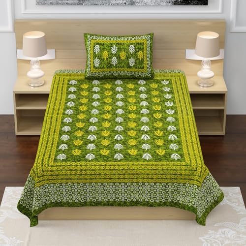 RajasthaniKart® Pure 100% Cotton Single Bed Sheet with 1 Pillow Cover (Bedsheet for Single Bed Cotton, Green Small Booty) - Image 3