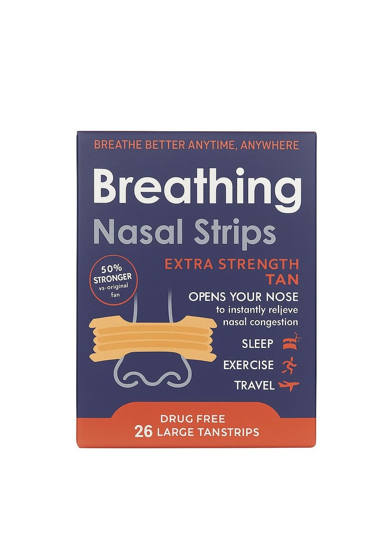 Breathing Nasal Strips Extra Strength Tan – 26 Large Strips, Drug Free, Instantly Relieves Nasal Congestion for Better Sleep, Exercise & Travel