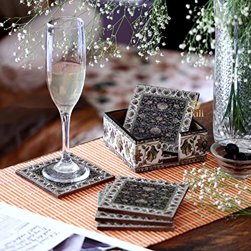 DULI Set of 6 MDF Wood Enamel Work Tea Coasters with Stand (10 * 10 cm) (Jamawaar) - Image 1