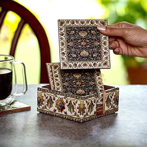 DULI Set of 6 MDF Wood Enamel Work Tea Coasters with Stand (10 * 10 cm) (Jamawaar) - Image 2