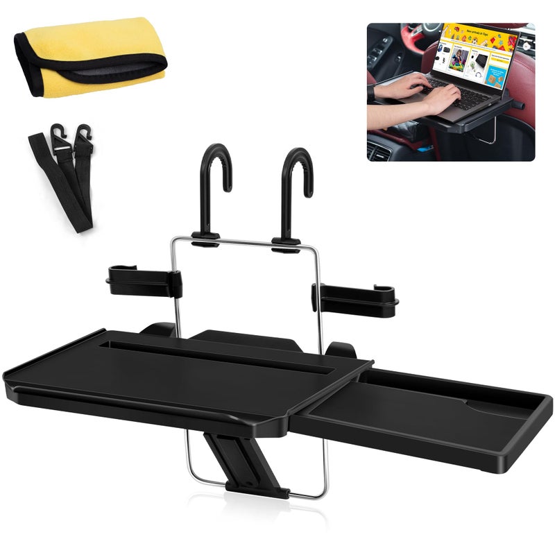 VarCozy Car Steering Wheel Tray Foldable Hanging Rear Headrest Car Tray with Expandable Tray and Beverage Cup Slot Portable Car Desk for Laptop Work Eating Drinking and Doodling