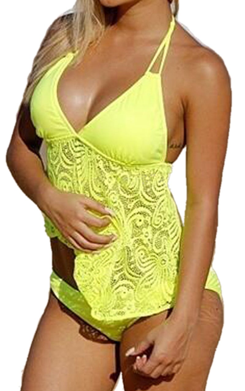 Hot Selling Swimsuit Mesh Pattern Split Swimsuit Women's Bikini Plus Fertilizer Plus Swimwear Bikini Manufacturers Yellow pattern L - Image 1