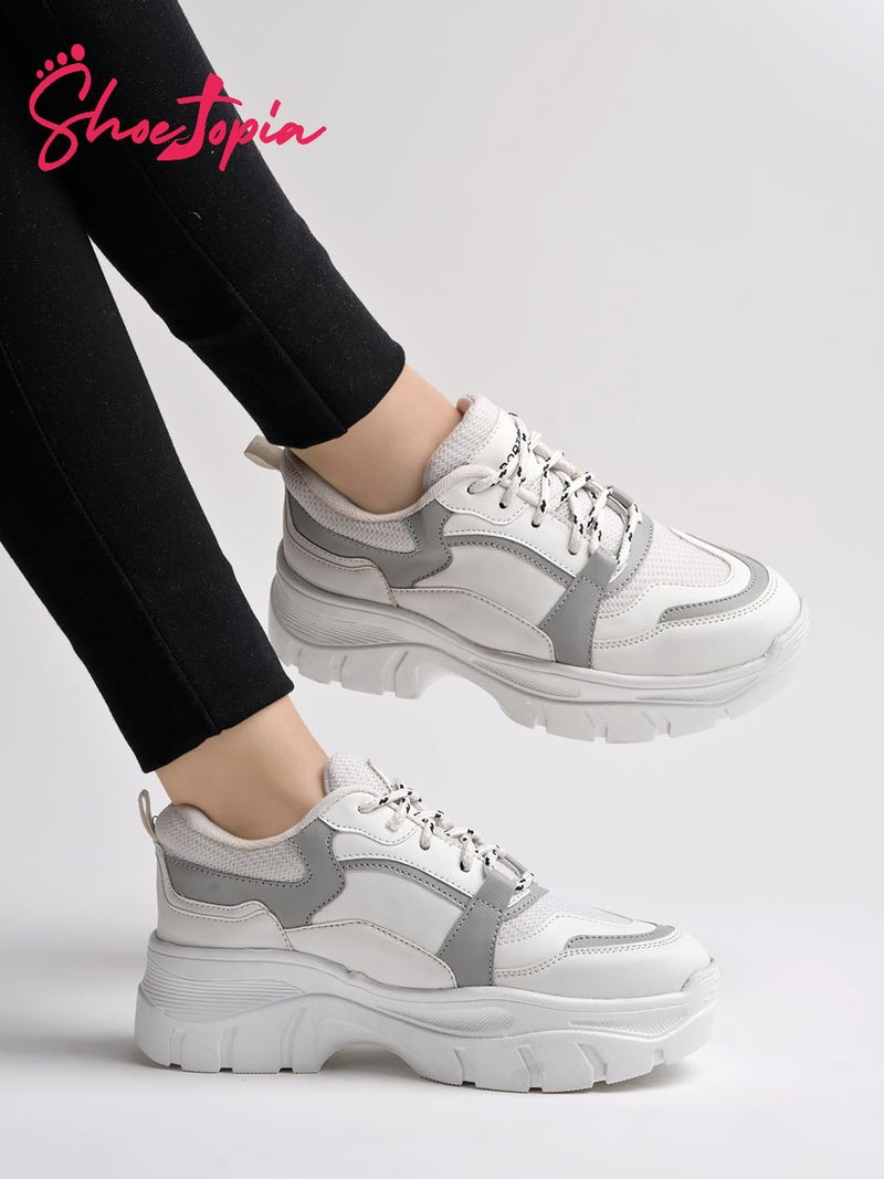 Shoetopia Women's & Girl's Lace-Up Detail Grey Chunky Sneakers /Uk5 - Image 4