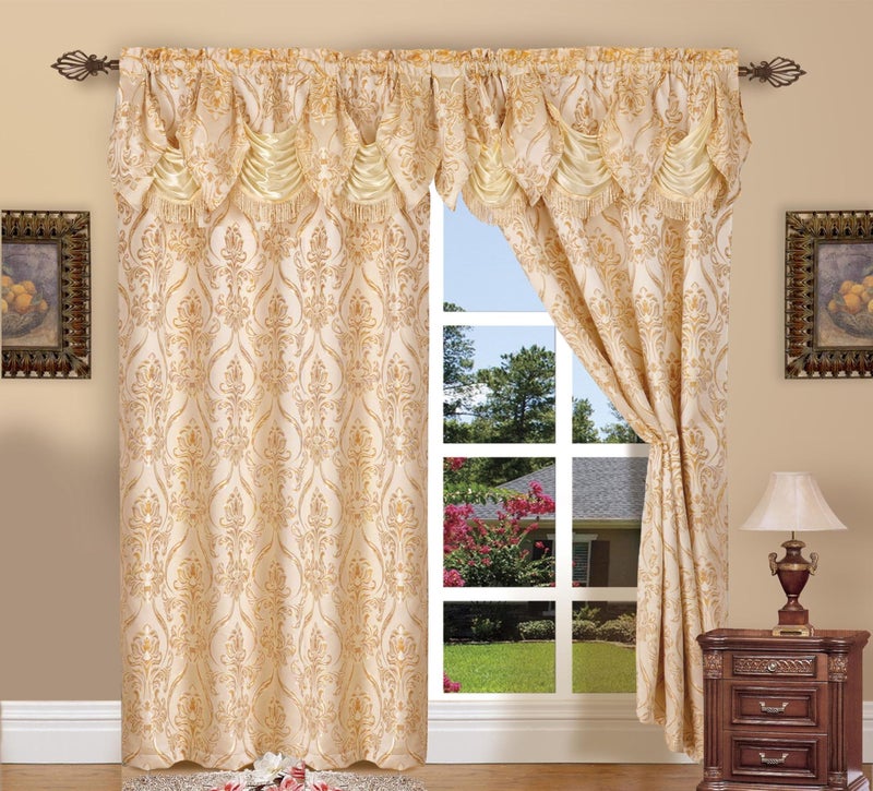 Elegant Comfort Penelopie Jacquard Look Curtain Panel Set, 54 by 84-Inch, Beige, Set of 2 - Image 1