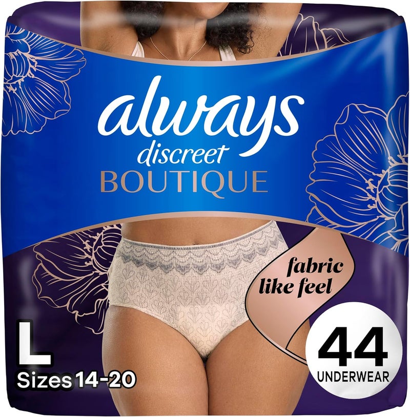 Always Discreet Always Discreet Boutique Incontinence and Postpartum Underwear for Women, Maximum Protection, L, Rosy, 44 Count 