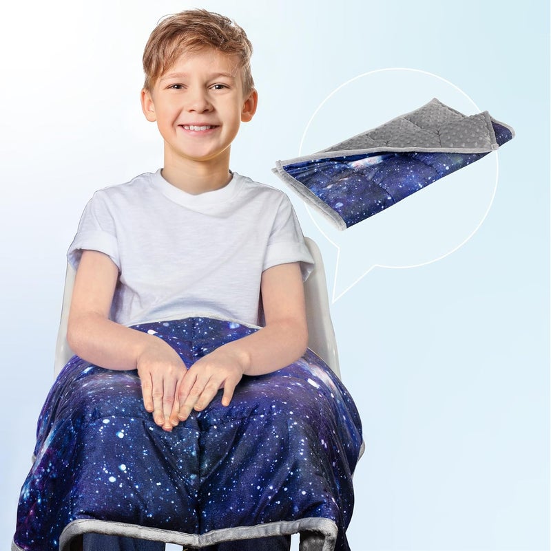 Solfres 5lbs Small Weighted Lap Pad Blanket Throw for Kids Boys Teens 20in x 23in - Sleep Therapy Plush Travel Size with Glass Beads, Dark Blue Universe Galaxy - Image 1