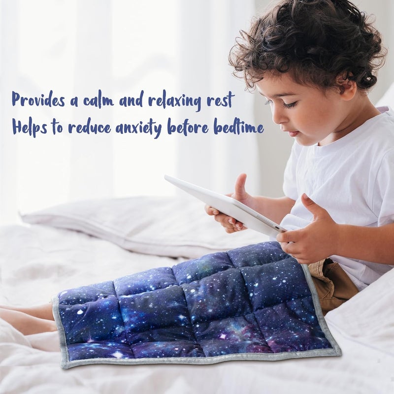 Solfres 5lbs Small Weighted Lap Pad Blanket Throw for Kids Boys Teens 20in x 23in - Sleep Therapy Plush Travel Size with Glass Beads, Dark Blue Universe Galaxy - Image 3