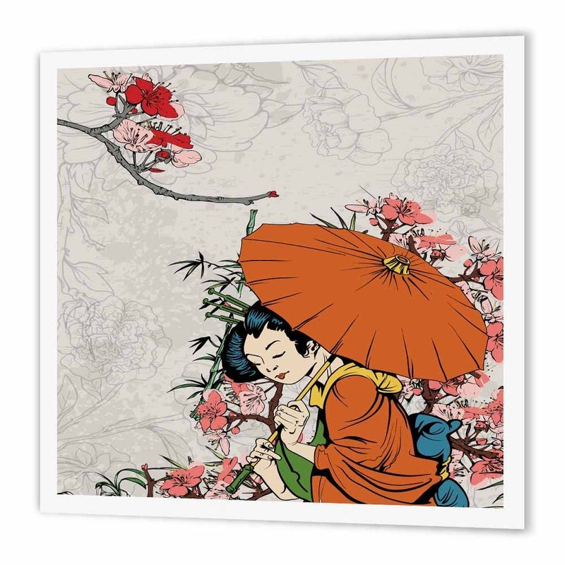 3dRose Lovely Japanese Geisha with Umbrella and Sakura Cherry Blossom Flowers Asian Oriental Illustration-Iron on Heat Transfer, 8 by 8", for White Material (ht_119153_1) - Image 3