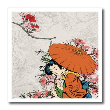 3dRose Lovely Japanese Geisha with Umbrella and Sakura Cherry Blossom Flowers Asian Oriental Illustration-Iron on Heat Transfer, 8 by 8", for White Material (ht_119153_1) - Image 4
