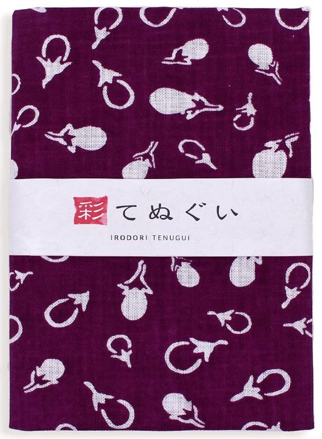 KOMESICHI irodori Japanese Traditional Towel Tenugui Eggplant 12.99 x 34.64 in with Tenugui Iroha (English Manual) - Image 1
