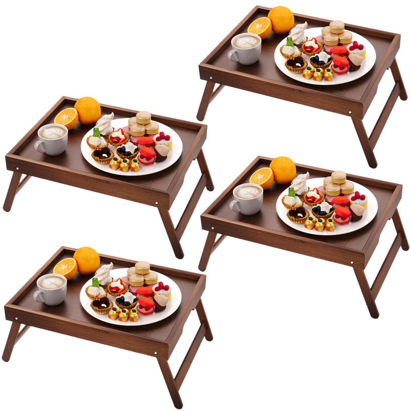 Fibogollo 4 Pack Bamboo Bed Tray Table with Folding Legs,Breakfast Trays,Serving Tray for Food and Snack,Laptop Trays for Working(Brown) - Image 1