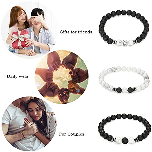 MengPa Mens Beaded Bracelets Couples Matching Bracelet Set Tiger Eye Matte Lava Rock Beads for Women Stone Jewelry (Howlite-White US4543B) - Image 2