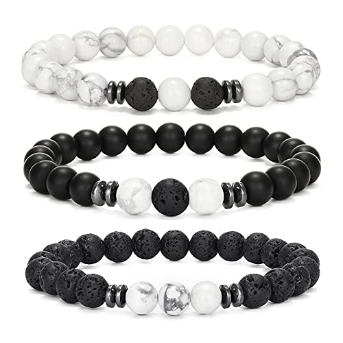 MengPa Mens Beaded Bracelets Couples Matching Bracelet Set Tiger Eye Matte Lava Rock Beads for Women Stone Jewelry (Howlite-White US4543B) - Image 1
