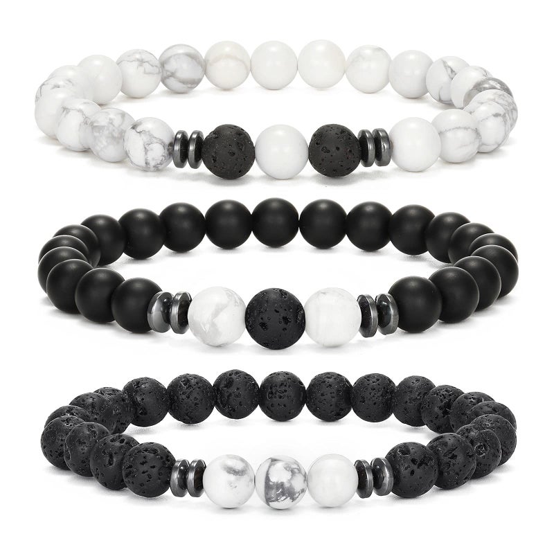 MengPa Mens Beaded Bracelets Couples Matching Bracelet Set Tiger Eye Matte Lava Rock Beads for Women Stone Jewelry (Howlite-White US4543B) - Image 5