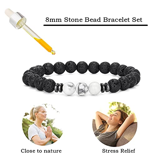 MengPa Mens Beaded Bracelets Couples Matching Bracelet Set Tiger Eye Matte Lava Rock Beads for Women Stone Jewelry (Howlite-White US4543B) - Image 3