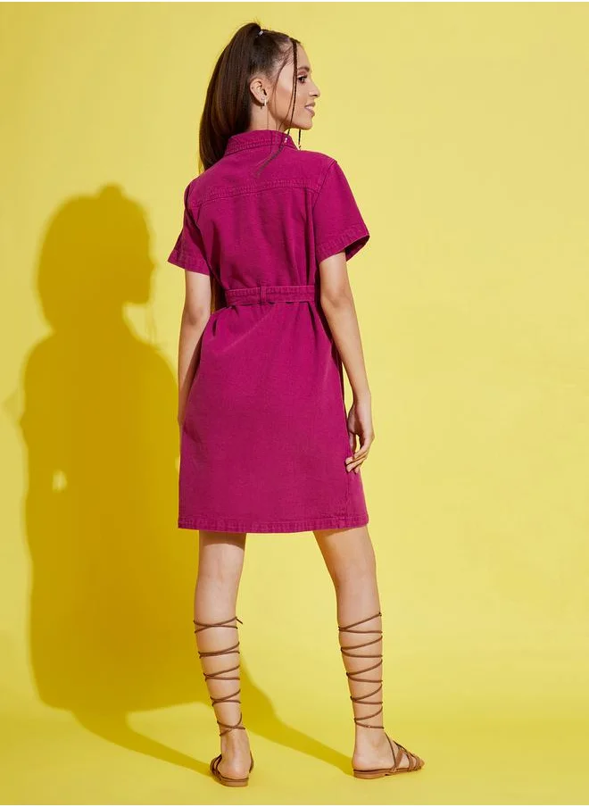 NOH.VOH Denim Collared Shirt Dress with Tie Up Belt by Styli