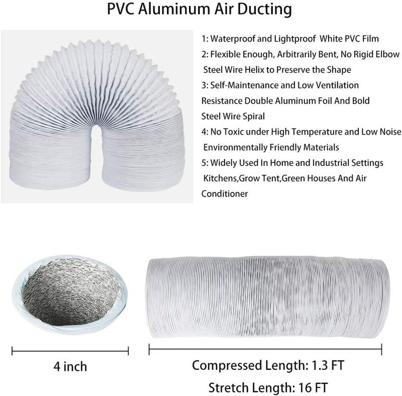 YIJUHOU 4Inch 16FT (5M Long) Flexible Aluminum 100mm Air Ducting, White 4 Layer Tumble Dryer Vent Hose, Dryer Duct for HVAC Ventilation, Extractor Fan Systems, 2 Stainless Steel Clamps Include - Image 3
